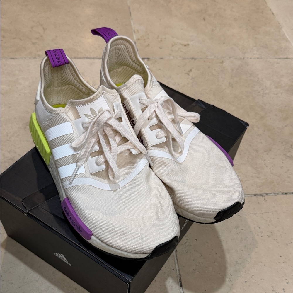 Adidas NMD Men's Cream Athletic Shoes with Purple and Yellow Highlights